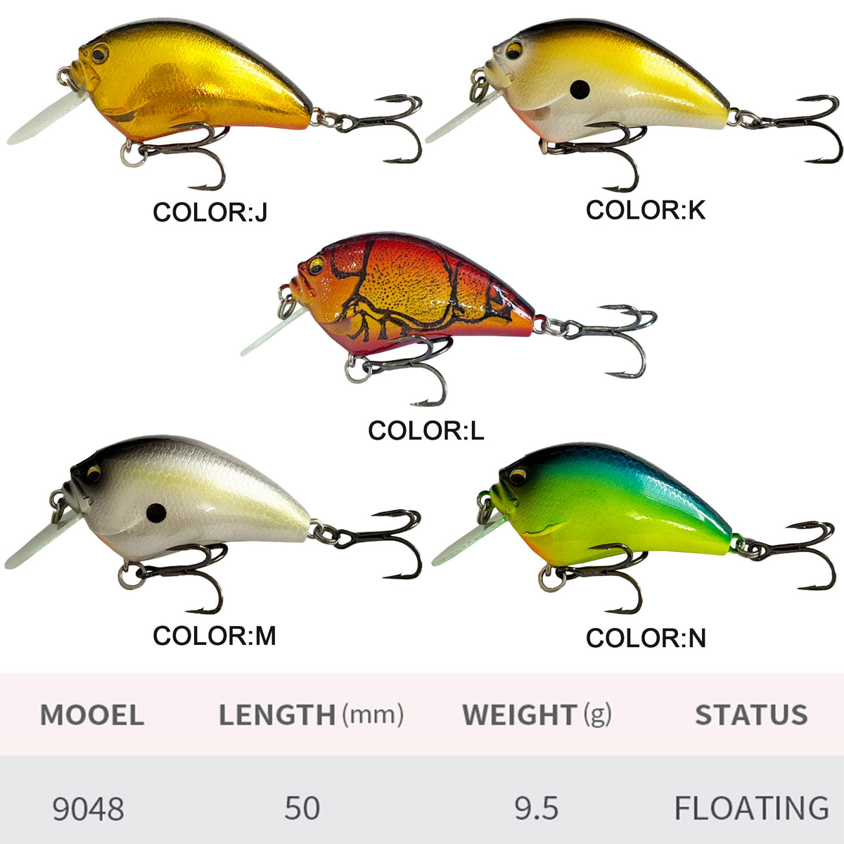 5pc 1.97in 0.34oz 50mm 9.5g Floating Crankbait Hard Lure, Plastic Bait for Bass & Topmouth Culter