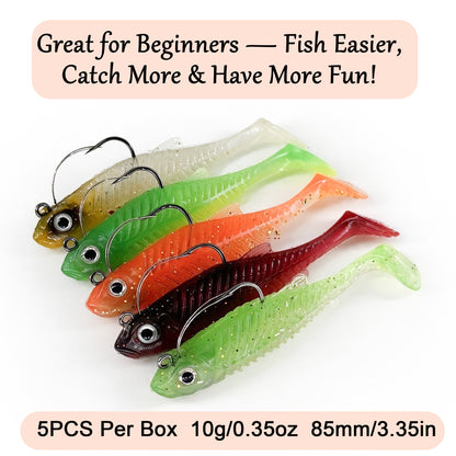 5pc Boneshad Easy Catch Soft Fishing Lures with BKK Hooks,Trembly Sinking and Vibrating Swim for More Bites, Pre-Rigged Swimbaits for Bass, Trout, Crappie, Walleye, Freshwater Saltwater Fishing