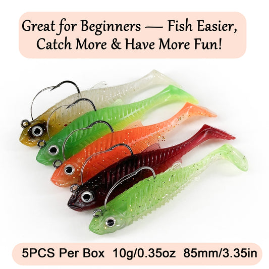 5pc Boneshad Easy Catch Soft Fishing Lures with BKK Hooks,Trembly Sinking and Vibrating Swim for More Bites, Pre-Rigged Swimbaits for Bass, Trout, Crappie, Walleye, Freshwater Saltwater Fishing