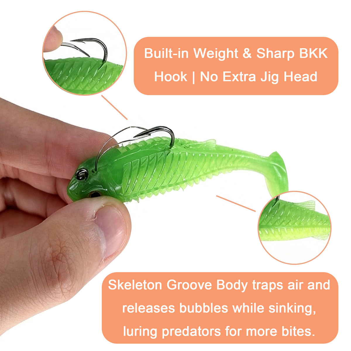 5pc Boneshad Easy Catch Soft Fishing Lures with BKK Hooks,Trembly Sinking and Vibrating Swim for More Bites, Pre-Rigged Swimbaits for Bass, Trout, Crappie, Walleye, Freshwater Saltwater Fishing