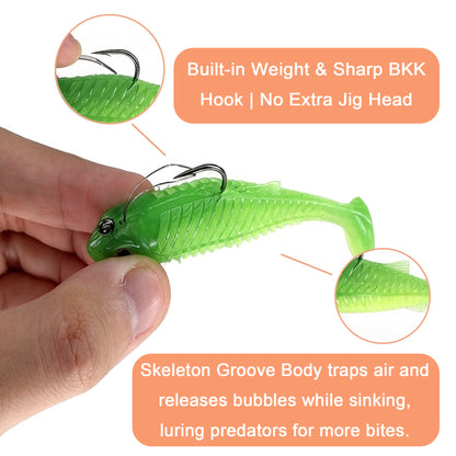 5pc Boneshad Easy Catch Soft Fishing Lures with BKK Hooks,Trembly Sinking and Vibrating Swim for More Bites, Pre-Rigged Swimbaits for Bass, Trout, Crappie, Walleye, Freshwater Saltwater Fishing