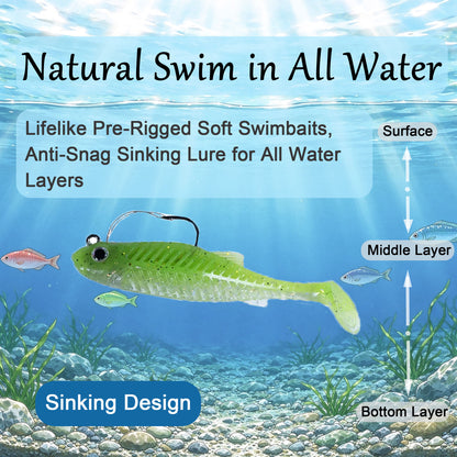 5pc Boneshad Easy Catch Soft Fishing Lures with BKK Hooks,Trembly Sinking and Vibrating Swim for More Bites, Pre-Rigged Swimbaits for Bass, Trout, Crappie, Walleye, Freshwater Saltwater Fishing