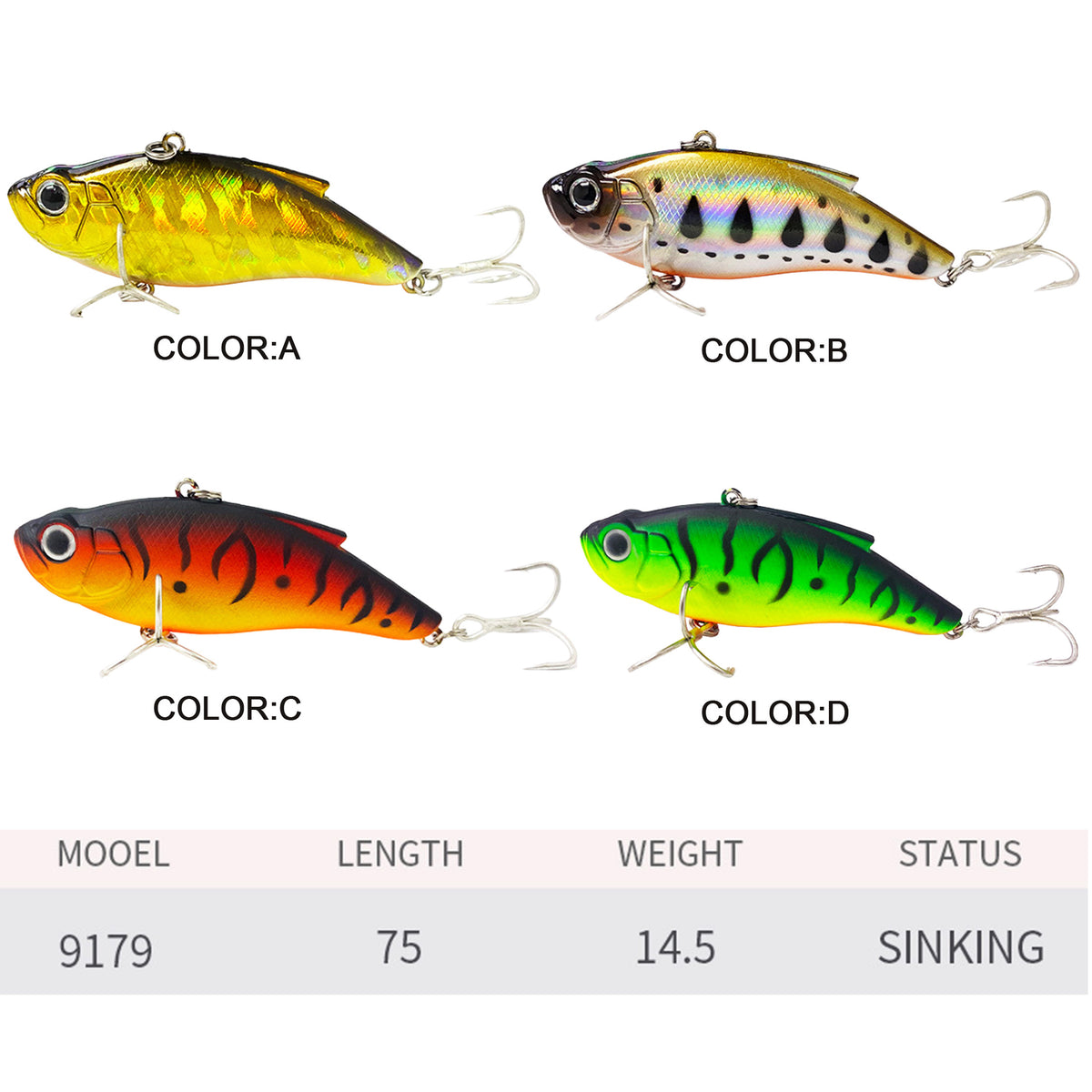 4pc 2.95in 0.51oz / 75mm 14.5g VIB Rattle Lure, Sinking Vibrating Hard Bait for Freshwater Topmouth Culter & Bass Fishing