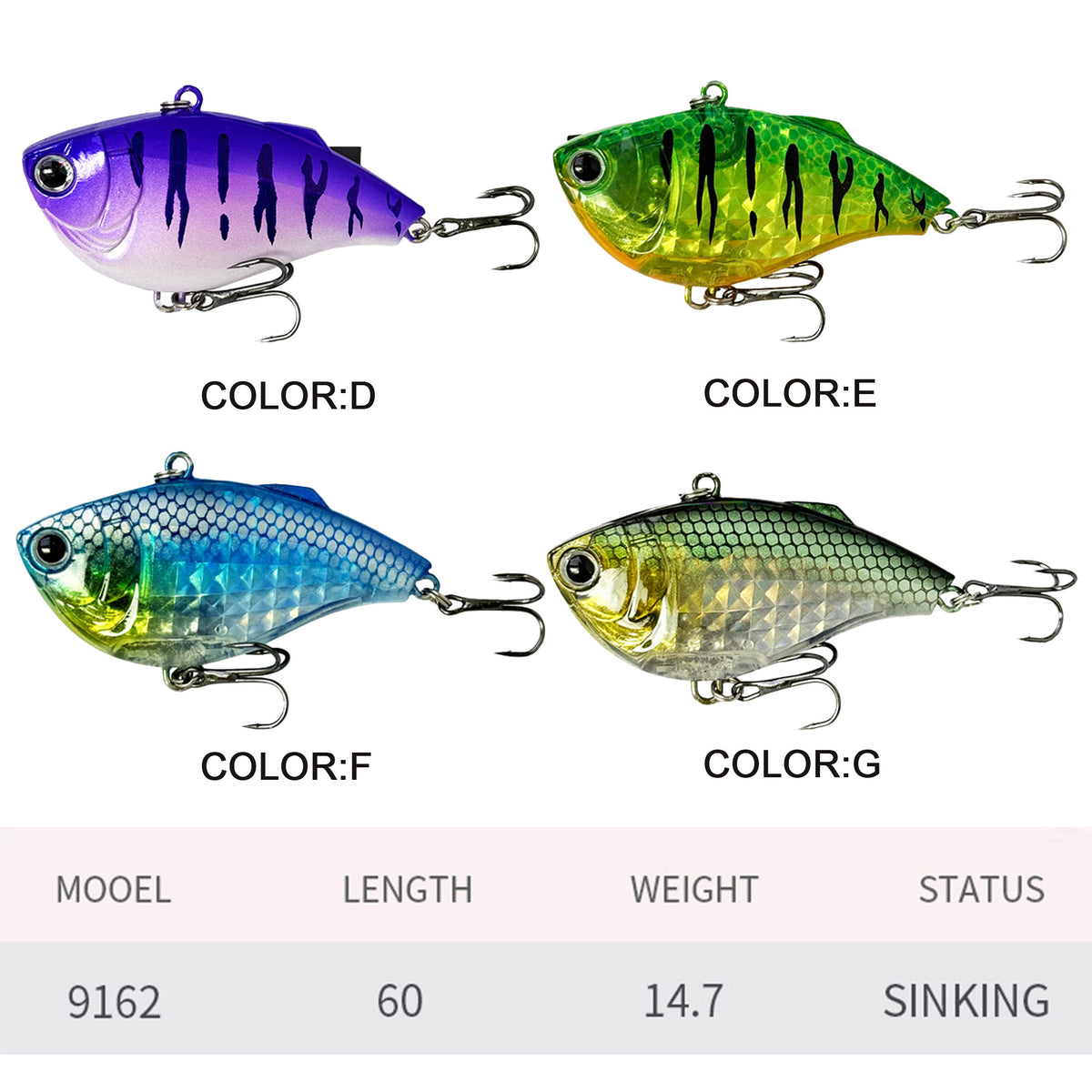 4pc 2.36in 0.52 oz/60mm 14.7g Sinking Plastic VIB Fishing Lure, Japanese Style 3D Vibration Hard Bait for Bass Freshwater Fishing