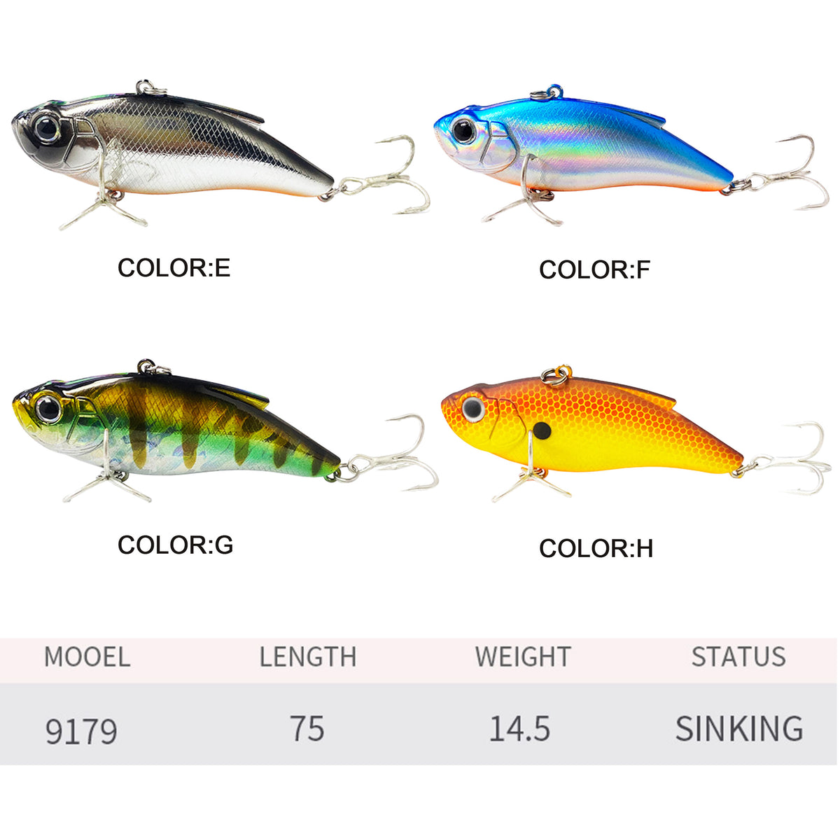 4pc 2.95in 0.51oz / 75mm 14.5g VIB Rattle Lure, Sinking Vibrating Hard Bait for Freshwater Topmouth Culter & Bass Fishing