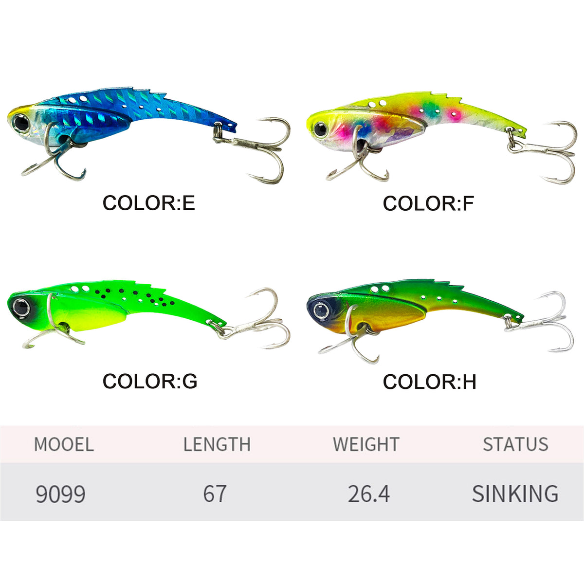 4pc 2.64in 0.93oz/67mm 26.4g Sinking VIB Hard Lure, Long Casting Vibrating Fishing Lure for Topmouth Culter, Mandarin Fish Freshwater Fishing
